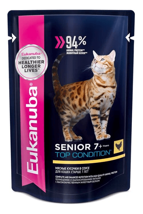Eukanuba влажный корм для взрослых кошек старше 7 лет с курицей в соусе 85гр